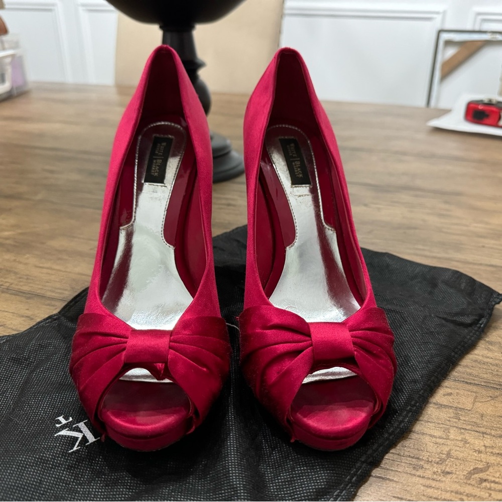 Red satin peep toe heels from White House Black Market.